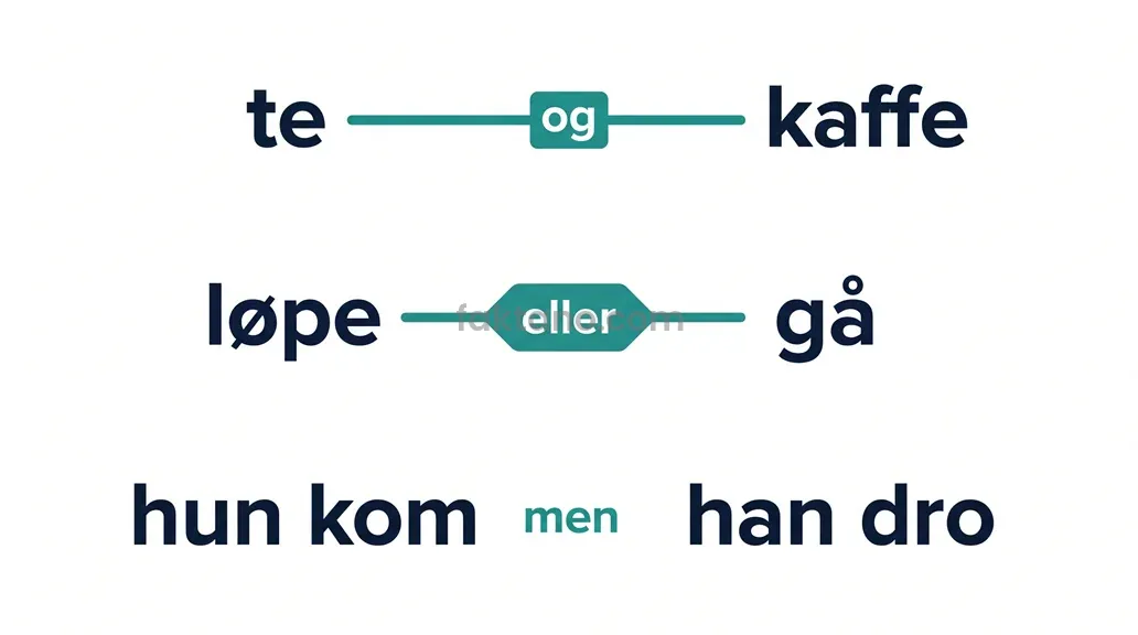 Eksempler på hvordan konjunksjoner kobler sammen likeverdige deler i setninger